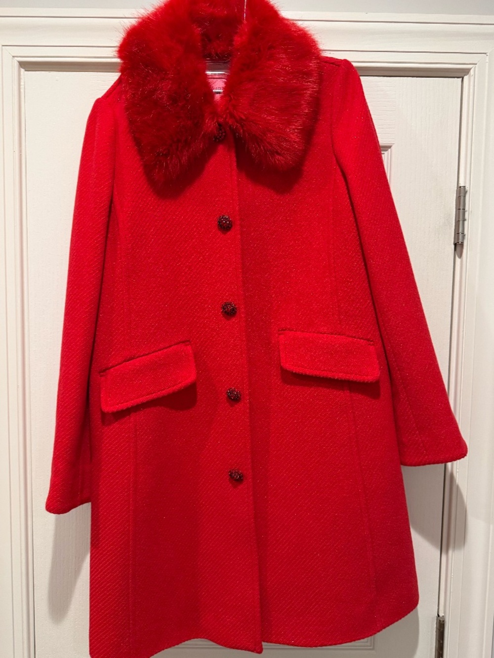 Kate Spade Metallic Twill Faux Fur Collar Jewel-Button Coat NWT Size 4